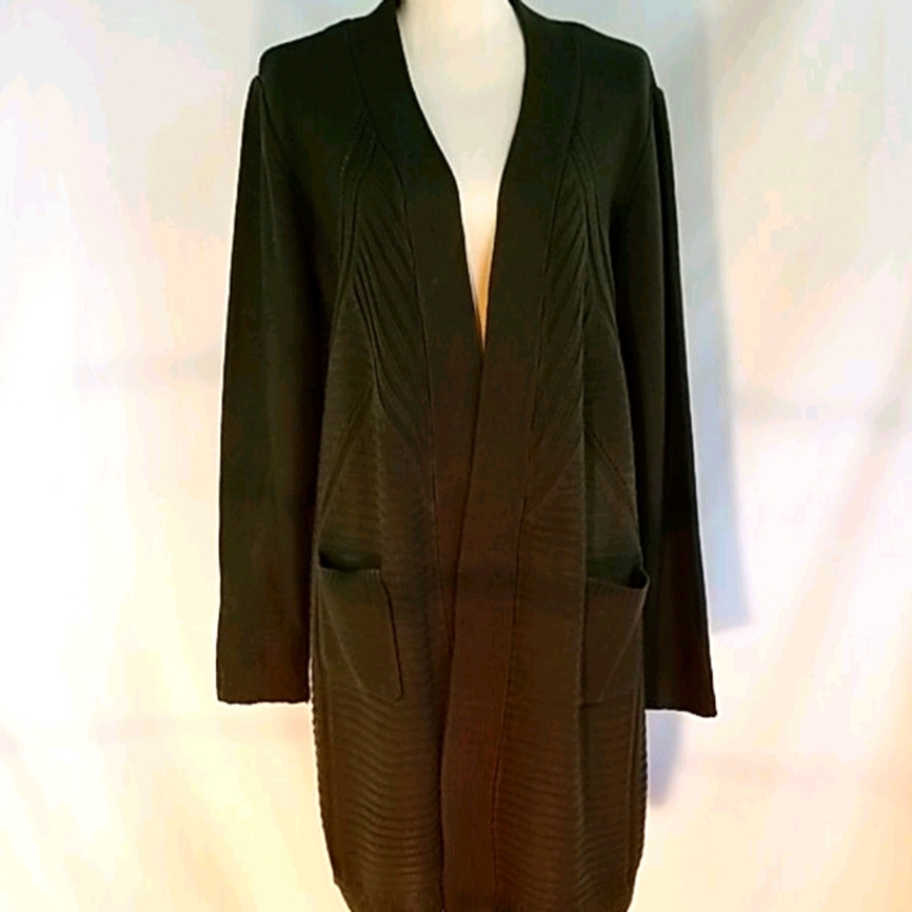 Olive green cardigan sweater.